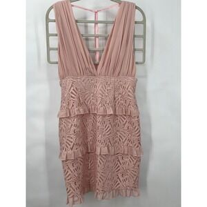 Soieblu Womens L Lace Tiered Mini Dress Pink Pleated V-Neck Cocktail Party Prom